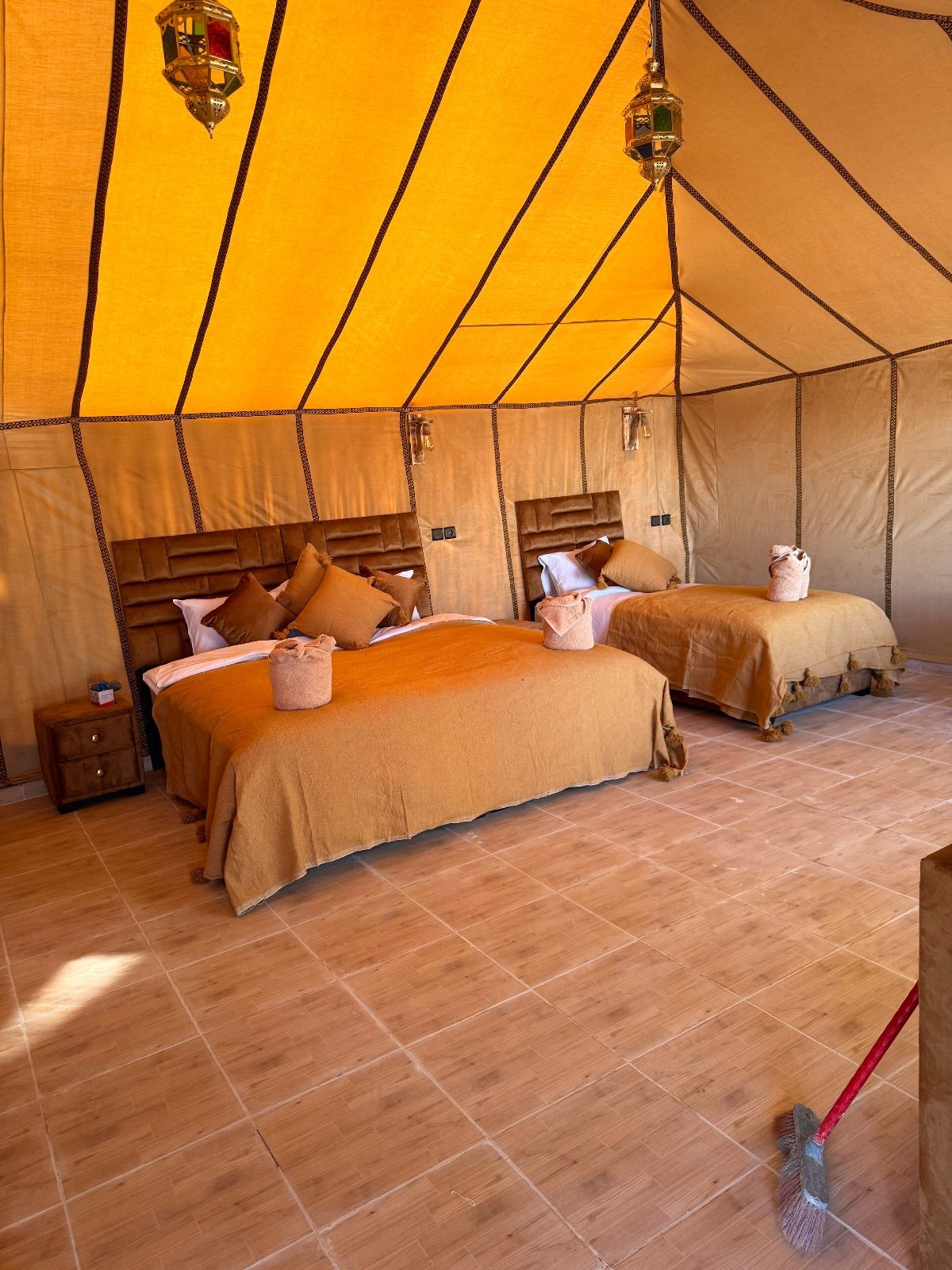 Comfortable double tent interior at Grand Dune Luxury Camp